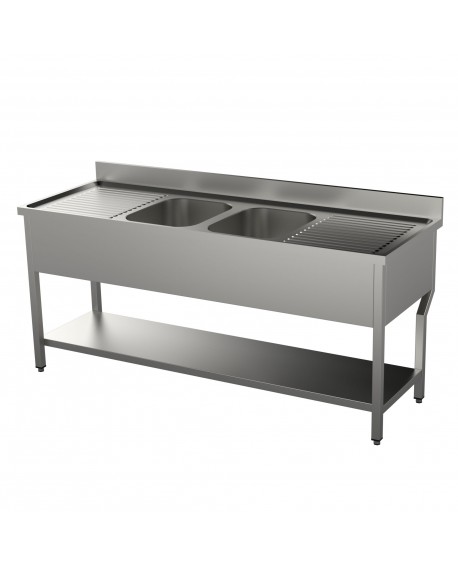 Plonge adossée pieds carrés 2 bacs+2 égouttoirs 2400 mm PVLaboConcept